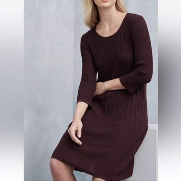 Eileen Fisher Elegant Ribbed 100% Wool Knit Pleated Dress in Rich Brown - Picture 1 of 10